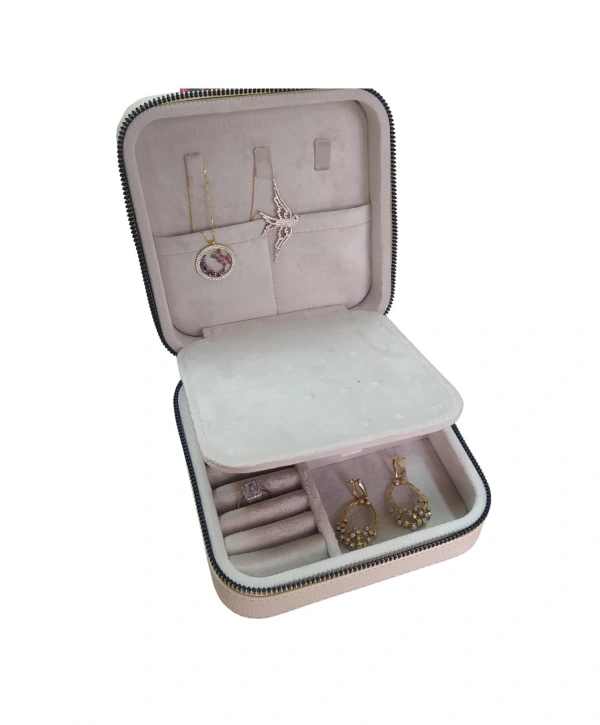 Fermuarlı Deri (Ahşap Kasalı ) Orta boy  Takı, Seyahat Ve Mücevher Çantası,kutusu Krem(15x15 Cm)