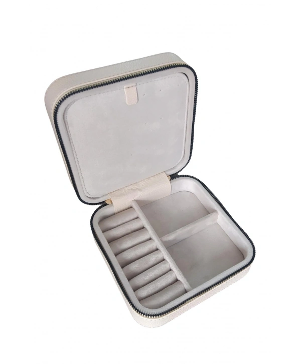 Fermuarlı Deri (Ahşap Kasalı ) Orta boy  Takı, Seyahat Ve Mücevher Çantası,kutusu Krem(15x15 Cm)