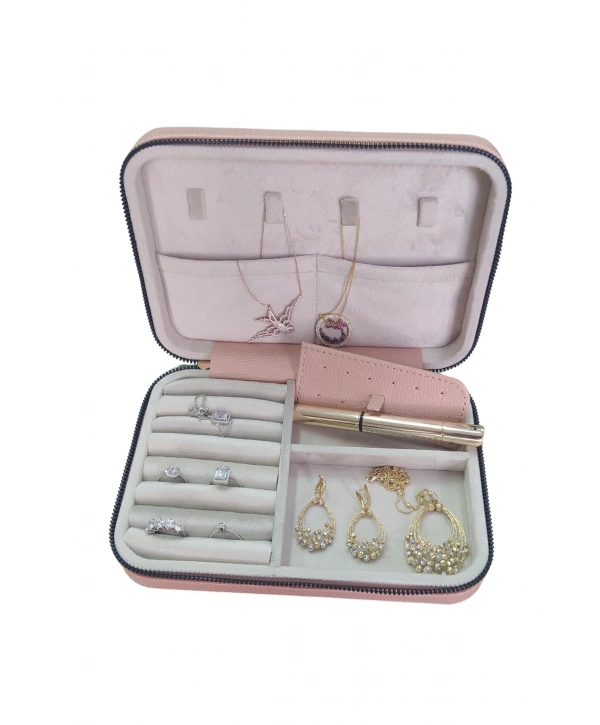 Fermuarlı Deri (Ahşap Kasalı ) Büyük boy Takı, Seyahat Ve Mücevher Çantası,kutusu Pudra(14x21 Cm)