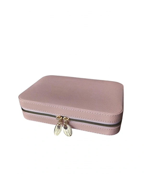 Fermuarlı Deri (Ahşap Kasalı ) Büyük boy Takı, Seyahat Ve Mücevher Çantası,kutusu Pudra(14x21 Cm)