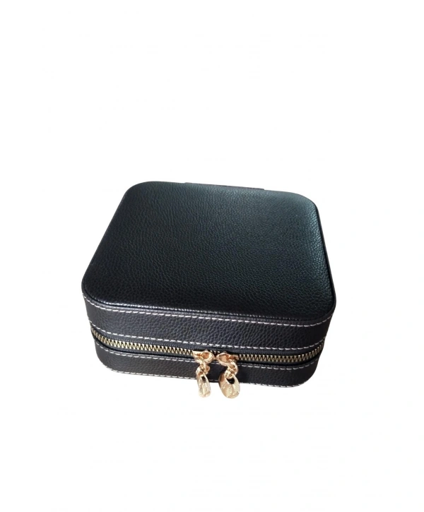 Fermuarlı Deri (Ahşap Kasalı ) Orta boy Takı, Seyahat Ve Mücevher Çantası,kutusu Siyah(15x15 Cm)