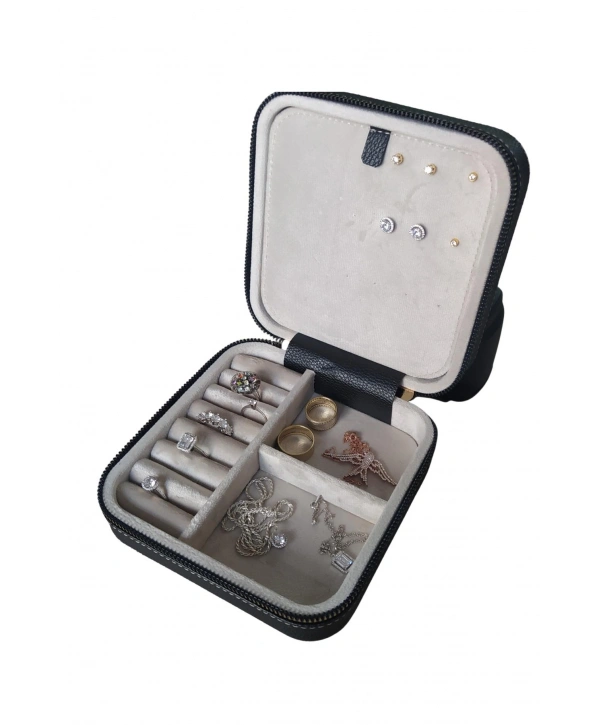 Fermuarlı Deri (Ahşap Kasalı ) Orta boy Takı, Seyahat Ve Mücevher Çantası,kutusu Siyah(15x15 Cm)