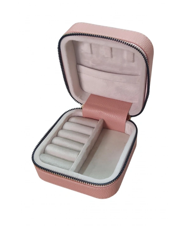 Fermuarlı Deri (Ahşap Kasalı ) Takı, Seyahat Ve Mücevher Çantası,kutusu Pudra (11x11 Cm )