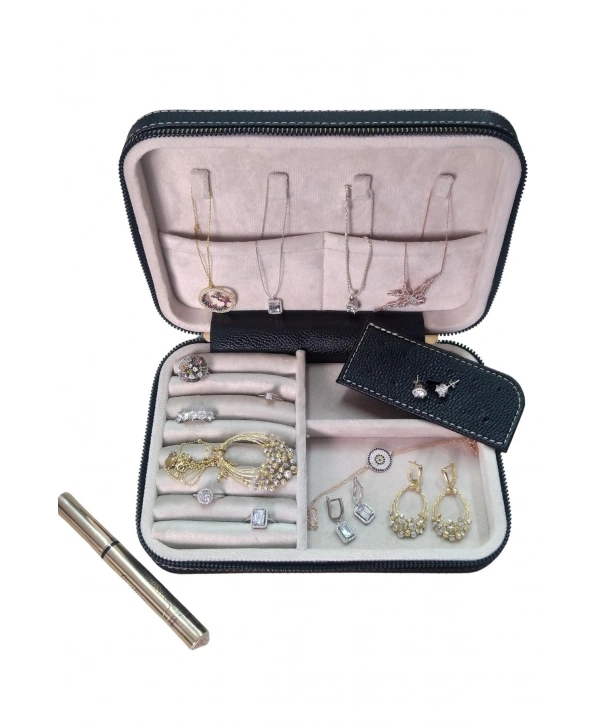 Fermuarlı Deri (Ahşap Kasalı ) Büyük boy Takı, Seyahat Ve Mücevher Çantası,kutusu Siyah(14x21Cm)