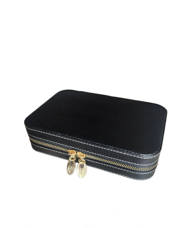 Fermuarlı Deri (Ahşap Kasalı ) Büyük boy Takı, Seyahat Ve Mücevher Çantası,kutusu Siyah(14x21Cm)