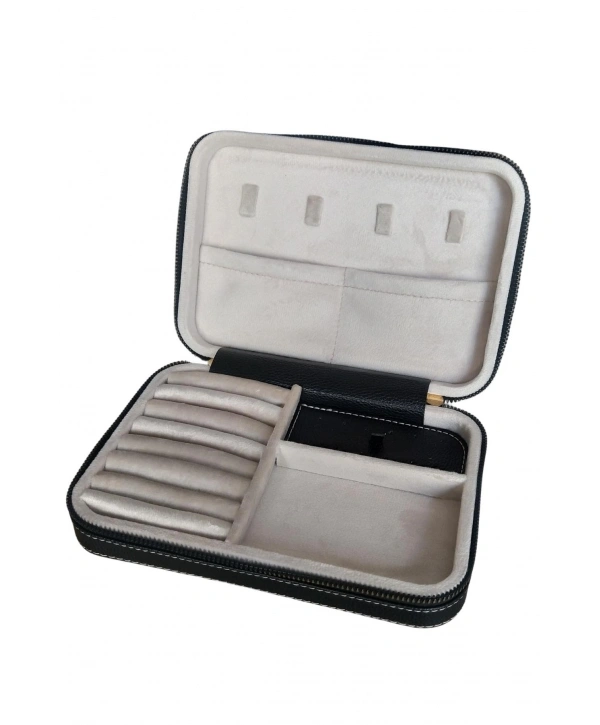 Fermuarlı Deri (Ahşap Kasalı ) Büyük boy Takı, Seyahat Ve Mücevher Çantası,kutusu Siyah(14x21Cm)