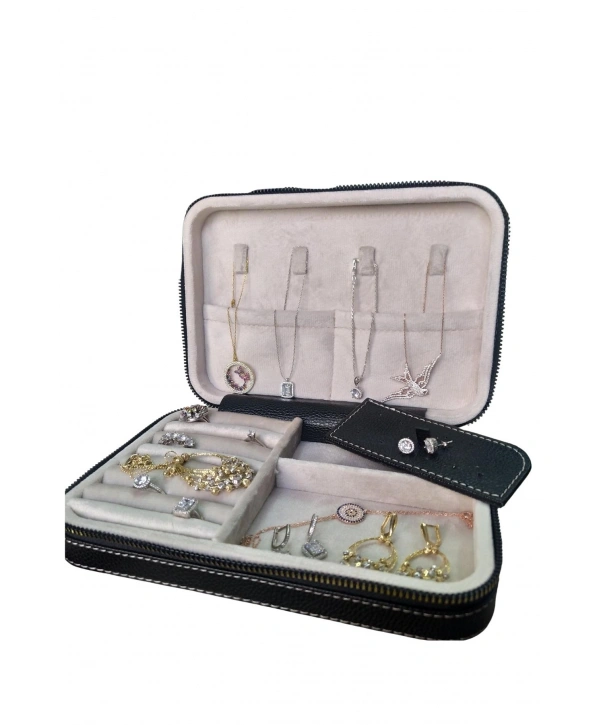 Fermuarlı Deri (Ahşap Kasalı ) Büyük boy Takı, Seyahat Ve Mücevher Çantası,kutusu Siyah(14x21Cm)