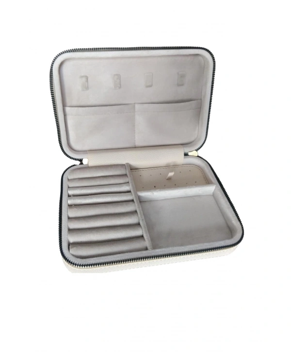 Fermuarlı Deri (Ahşap Kasalı ) Büyük boy  Takı, Seyahat Ve Mücevher Çantası,kutusu Krem(14x21 Cm)