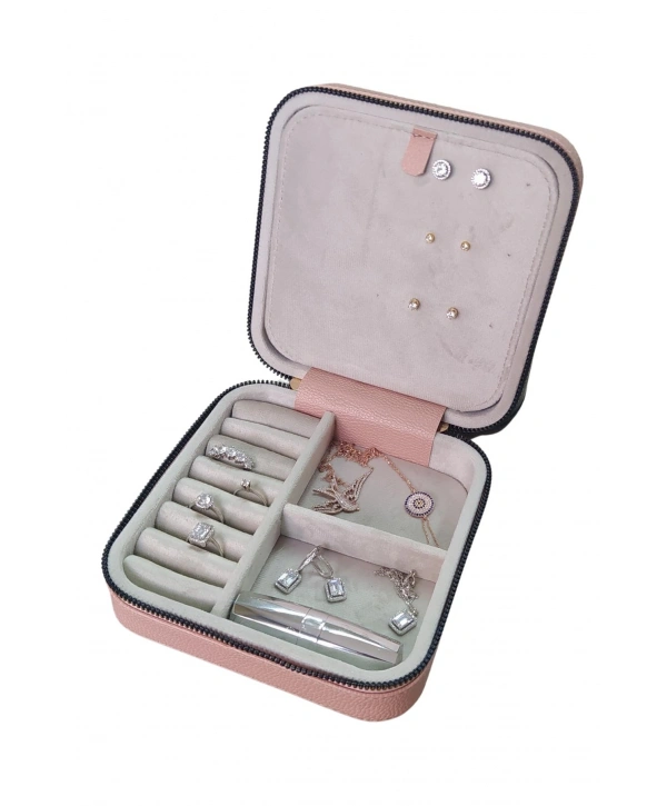 Fermuarlı Deri (Ahşap Kasalı ) Orta boy Takı, Seyahat Ve Mücevher Çantası,kutusu Pudra(15x15 Cm)