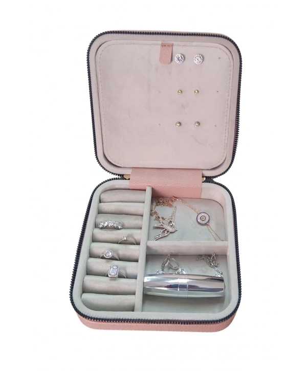 Fermuarlı Deri (Ahşap Kasalı ) Orta boy Takı, Seyahat Ve Mücevher Çantası,kutusu Pudra(15x15 Cm)