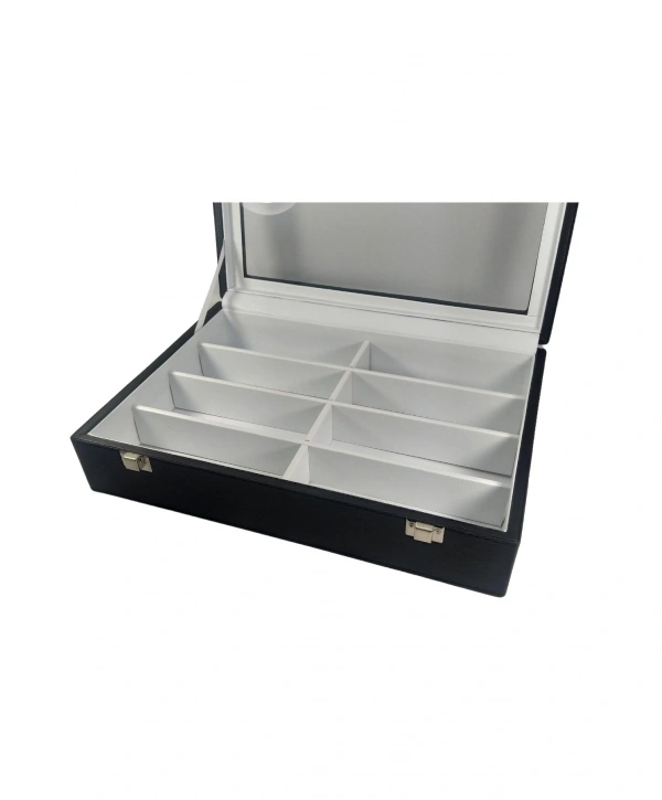 Camlı  Kapaklı 8 bölmeli Gözlük Kutusu,Takı Kutusu ve çantası  Siyah /beyaz içi deri