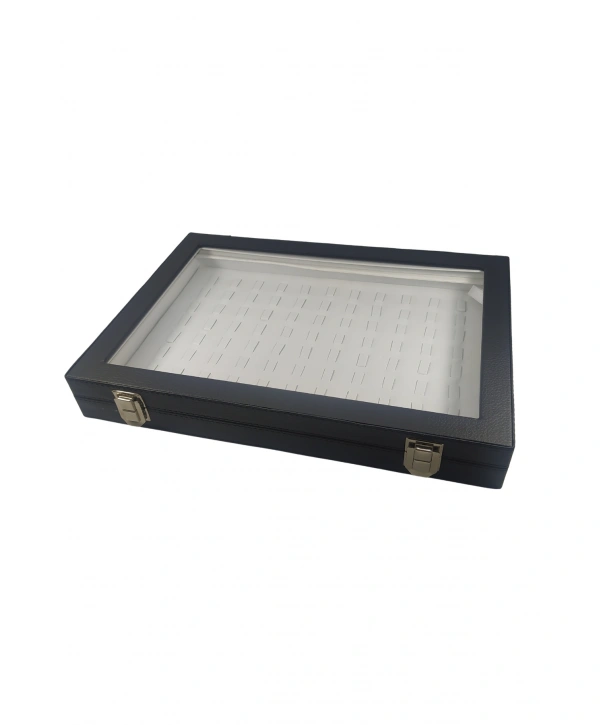 Camlı Kapaklı Tırnaklı Yuzuk-Takı Tablası Siyah Deri / İçi Beyaz ( 88 Tırnaklı)