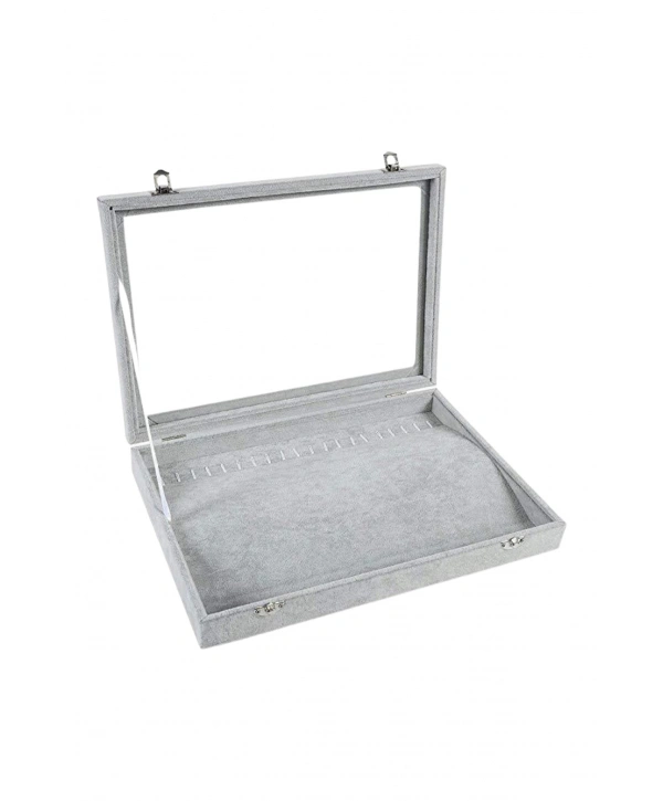 Camlı  Kapaklı Zincir & Bileklik Takı Tablası  Gri Süet