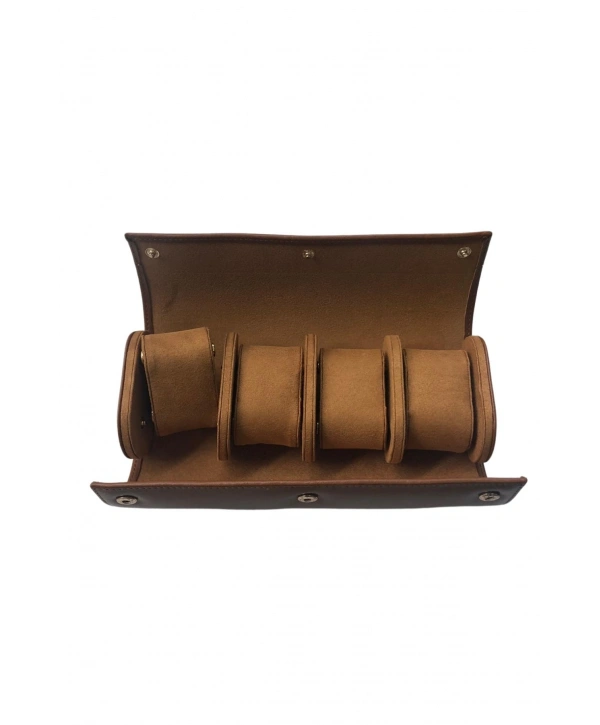 Deri Dörtlü Saat Kutusu Çıtçıtlı (Taba)