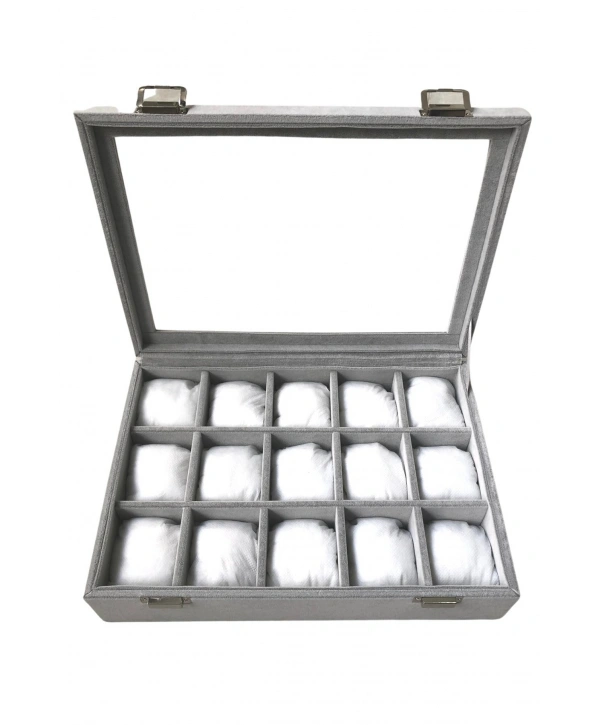 Camlı  Kapaklı 15 Lİ Yastıklı Takı Tablası  Gri Süet