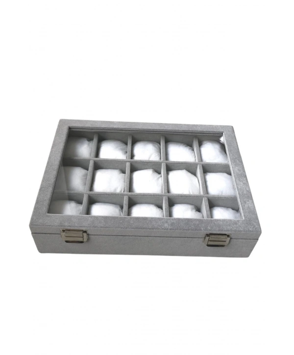 Camlı  Kapaklı 15 Lİ Yastıklı Takı Tablası  Gri Süet