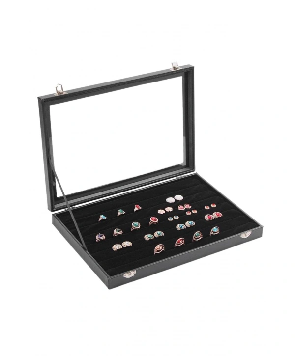 Camlı Kapaklı Rulo Yuzuk-Takı Tablası Siyah deri / içi Süet