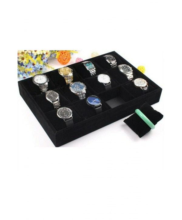 12 Li Saat & Kelepçe Yastıklı Masaüstü Kutu & Tabla Siyah Süet