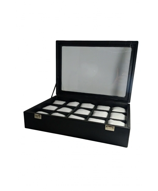 Camlı Kapaklı 15 Li Deri Saatlik& Kelepçelik Kilitli tablası Siyah /Beyaz Içi Deri