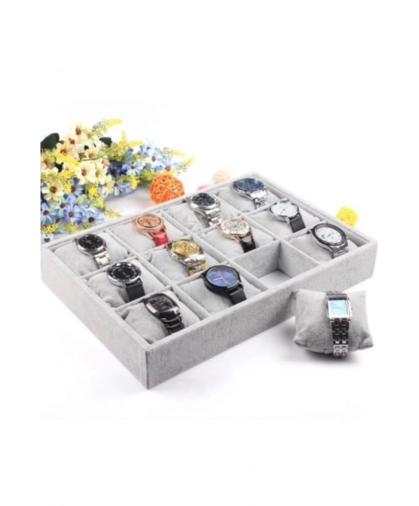 12 Li Saat & Kelepçe Yastıklı Masaüstü Kutu & Tabla Gri Süet