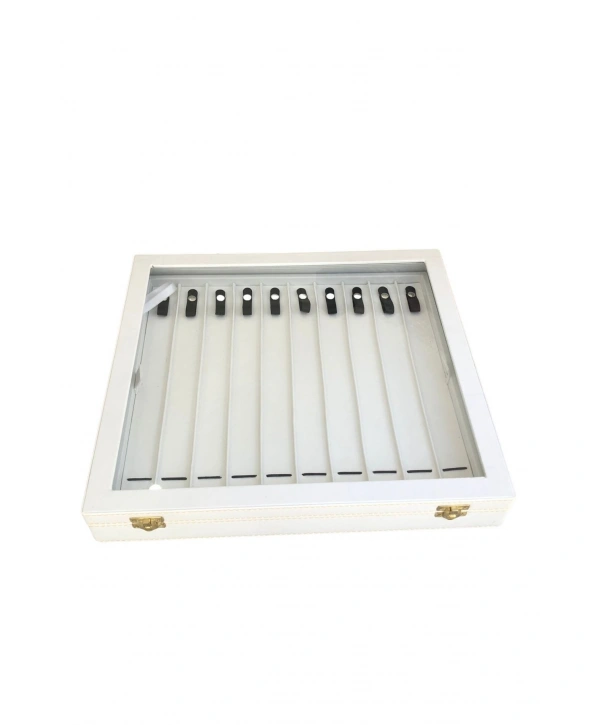 Camlı Kapaklı Çift Kat Tesbih&Bileklik ve takı Tablası Beyaz deri/içi Beyaz (21 Kanallı ve Çıtçıtlı)