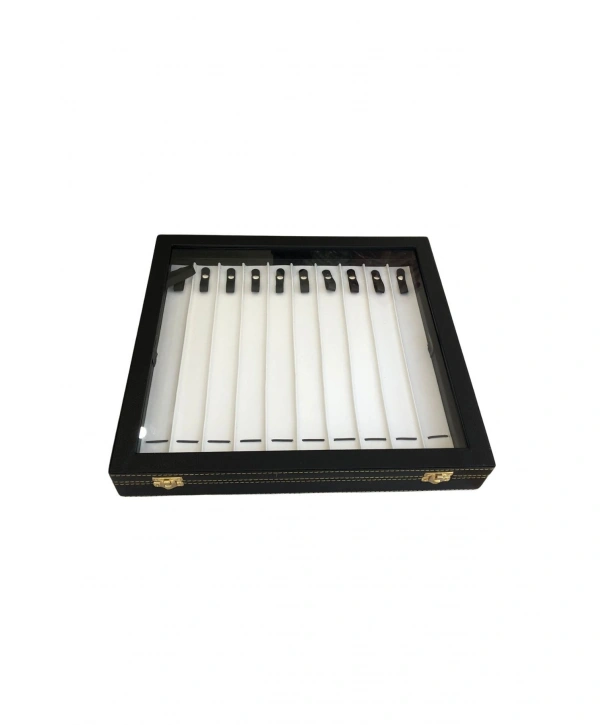 Camlı Kapaklı Çift Kat Tesbih&Bileklik ve takı Tablası Siyah deri/içi Beyaz (21 Kanallı ve Çıtçıtlı)