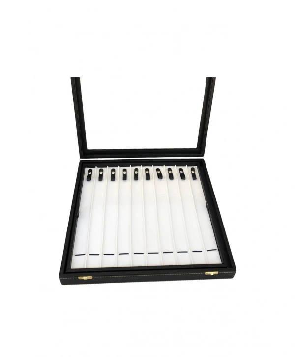 Camlı Kapaklı Çift Kat Tesbih&Bileklik ve takı Tablası Siyah deri/içi Beyaz (21 Kanallı ve Çıtçıtlı)