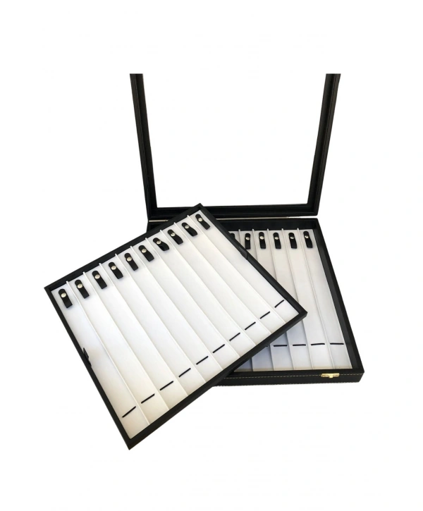 Camlı Kapaklı Çift Kat Tesbih&Bileklik ve takı Tablası Siyah deri/içi Beyaz (21 Kanallı ve Çıtçıtlı)