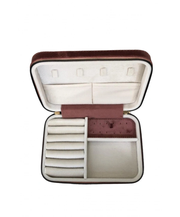 Fermuarlı (Ahşap Kasalı )Büyük boy Takı, Seyahat Ve Mücevher Çantası,kutusu Rose Süet(14x21 Cm)