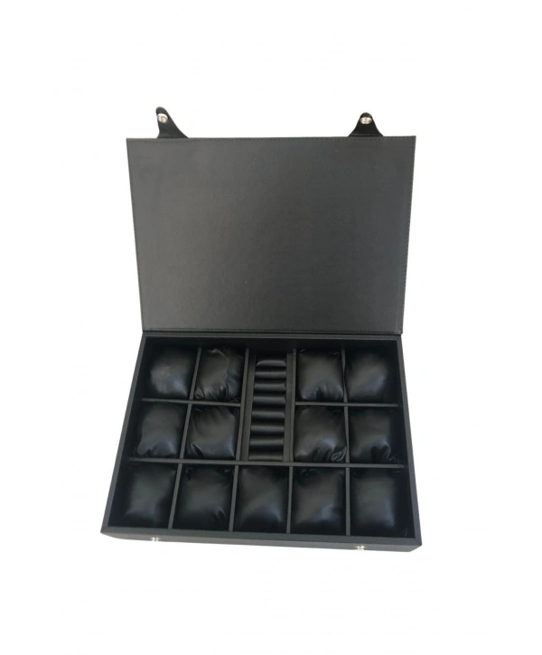 Saat Çantası 13 Lİ ve Yüzük rulo,Çıtçıtlı Ahşap Kasa Üzeri Siyah Deri Kaplama 25x35 cm İçi Siyah