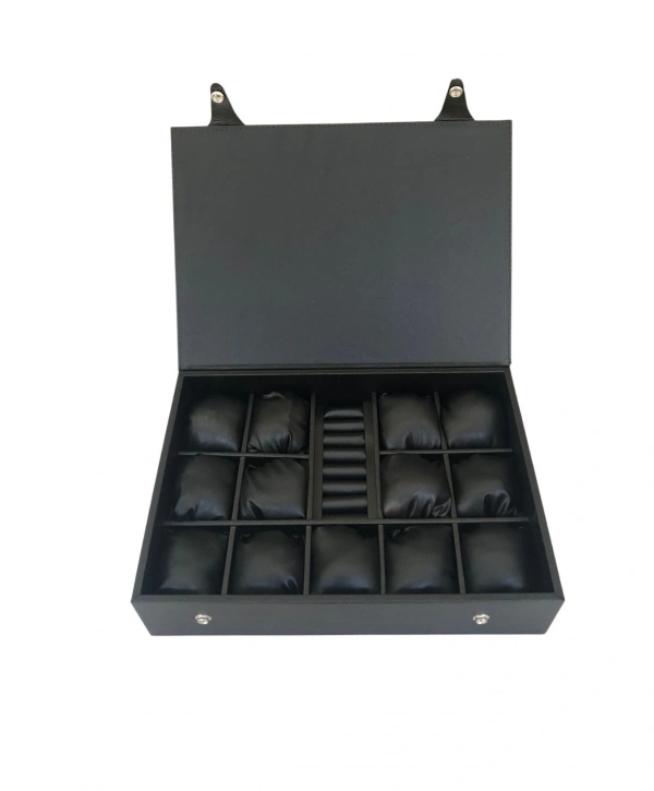 Saat Çantası 13 Lİ ve Yüzük rulo,Çıtçıtlı Ahşap Kasa Üzeri Siyah Deri Kaplama 25x35 cm İçi Siyah