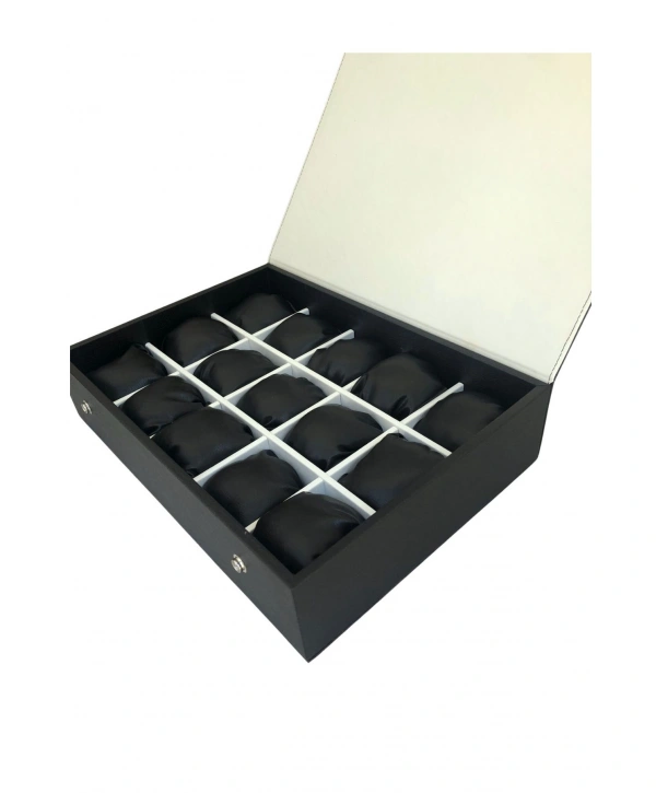 Saat Çantası 15 Lİ Çıtçıtlı Ahşap Kasa Üzeri Siyah Deri Kaplama 25x35 cm İçi BEYAZ