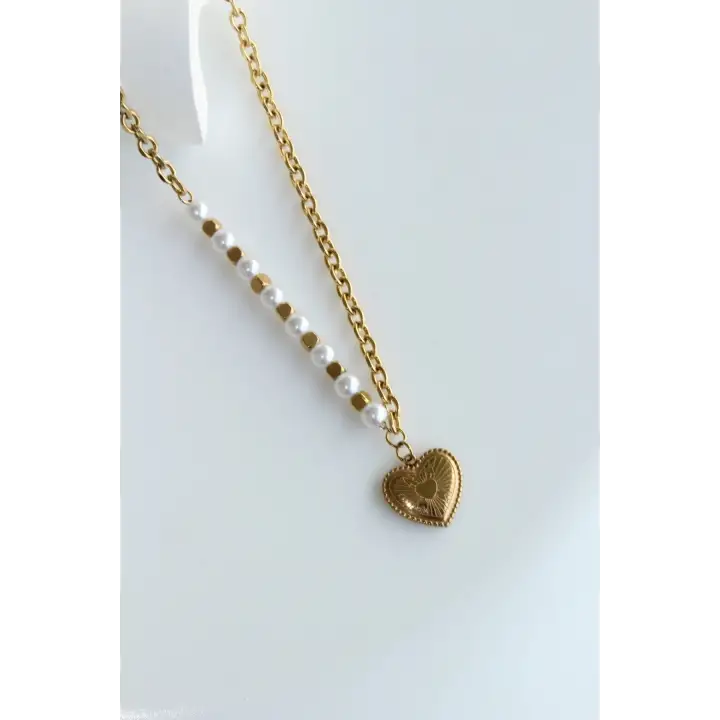 Kalp Uçlu İncili Kare Toplu Zincirli Model Kadın Çelik Kolye Gold Kararmaz Renk Atmaz