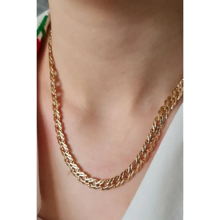 Rose Renk Klasik Geniş Zincir Model Kadın Çelik Kolye Kararmaz Renk Atmaz