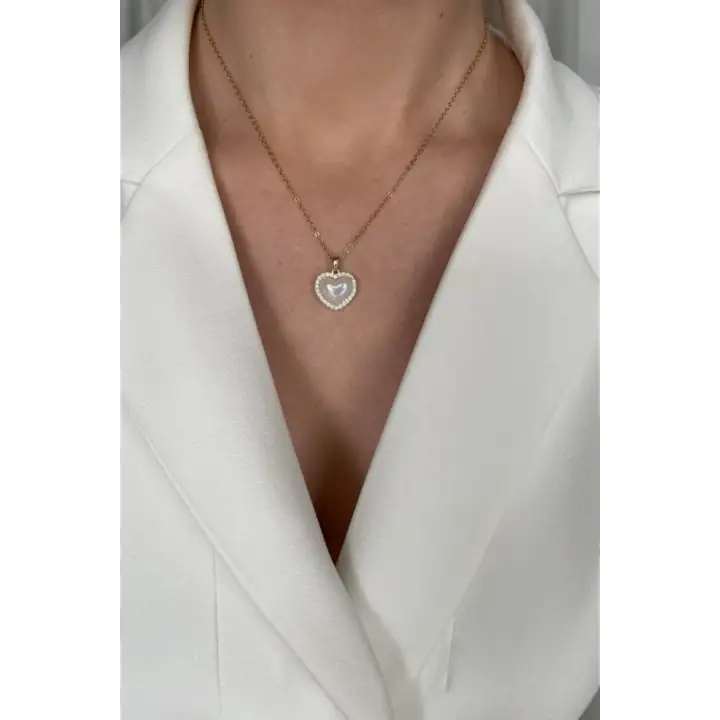 Kalp Model Çevresi Zirkon Taş Detay L Kadın Çelik Kolye Gold Kararmaz Renk Atmaz