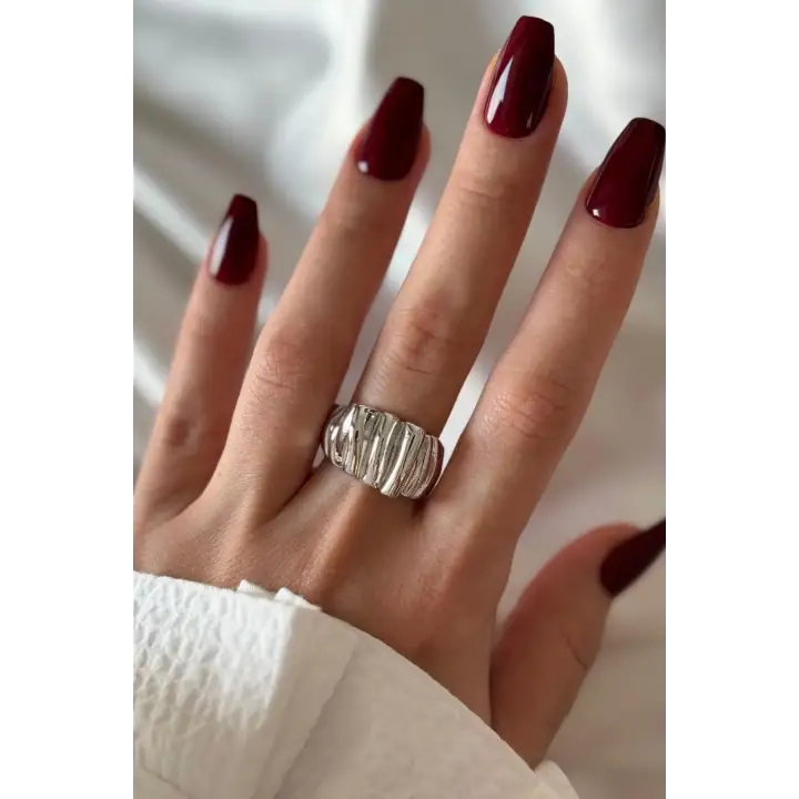Cilalı Kırışık Asimetrik Bombeli Tasarım Günlük Ayarlanabilir Kadın Çelik Yüzük Gümüş Kararmaz