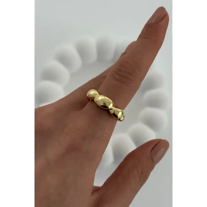 Cilalı Asimetrik Bombeli Günlük Ayarlanabilir Kadın Çelik Yüzük Gold Kararmaz Renk Atmaz
