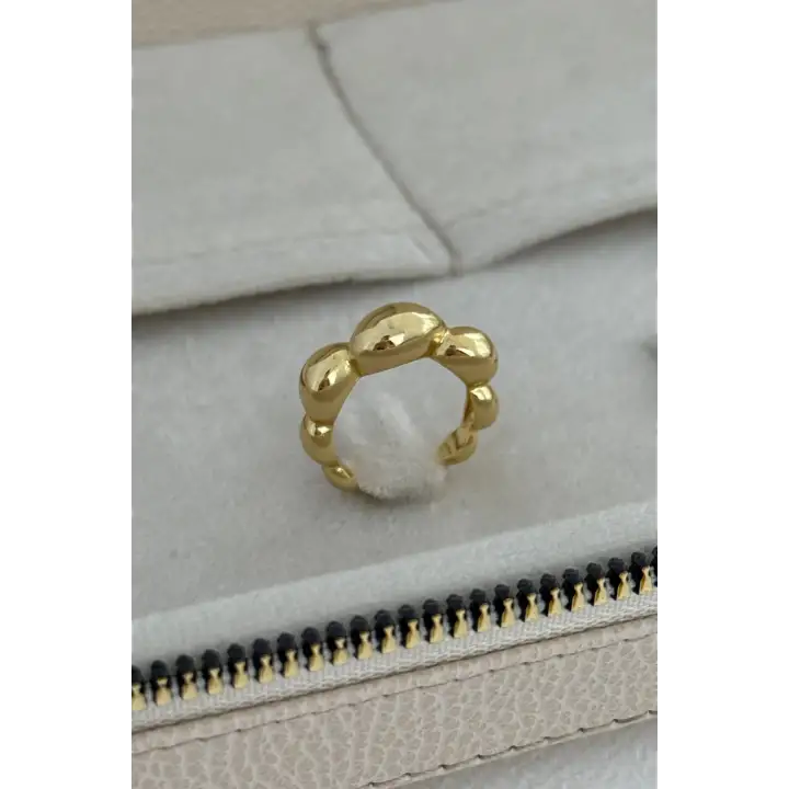 Cilalı Asimetrik Bombeli Günlük Ayarlanabilir Kadın Çelik Yüzük Gold Kararmaz Renk Atmaz