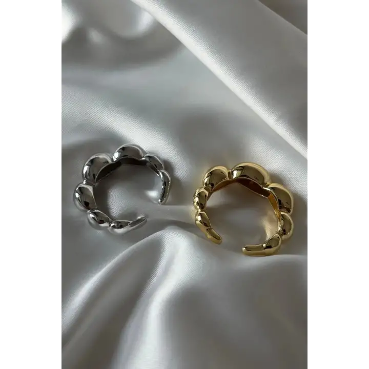 Cilalı Asimetrik Bombeli Günlük Ayarlanabilir Kadın Çelik Yüzük Gold Kararmaz Renk Atmaz