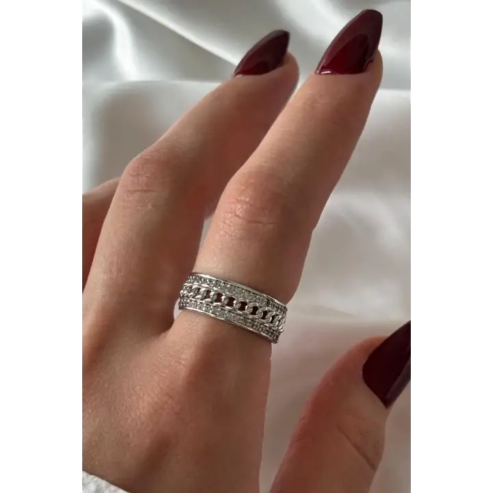Gurmet Zincirli Model Tasarım Ayarlanabilir Kadın Çelik Yüzük Gümüş Kararmaz Renk Atmaz