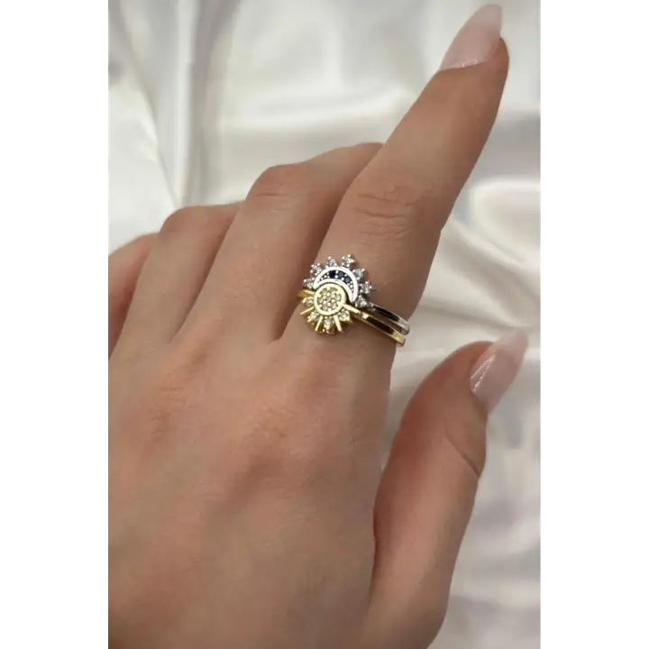 Yeni Sezon 2li Kombinlenebilir Zirkon Taşlı Güneş Ay Ayarlanabilir Kadın Çelik Yüzük Gold Gümüş