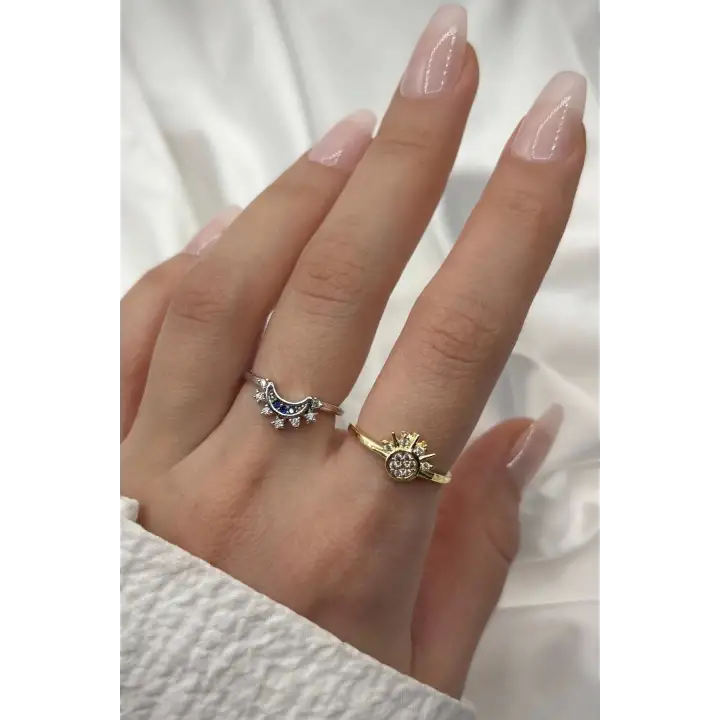 Yeni Sezon 2li Kombinlenebilir Zirkon Taşlı Güneş Ay Ayarlanabilir Kadın Çelik Yüzük Gold Gümüş
