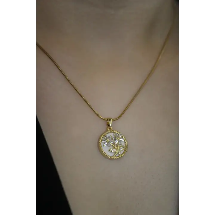 Plaka Model Zirkon Taşlı İkili Papatya L Kadın Çelik Kolye Gold Kararmaz Renk Atmaz