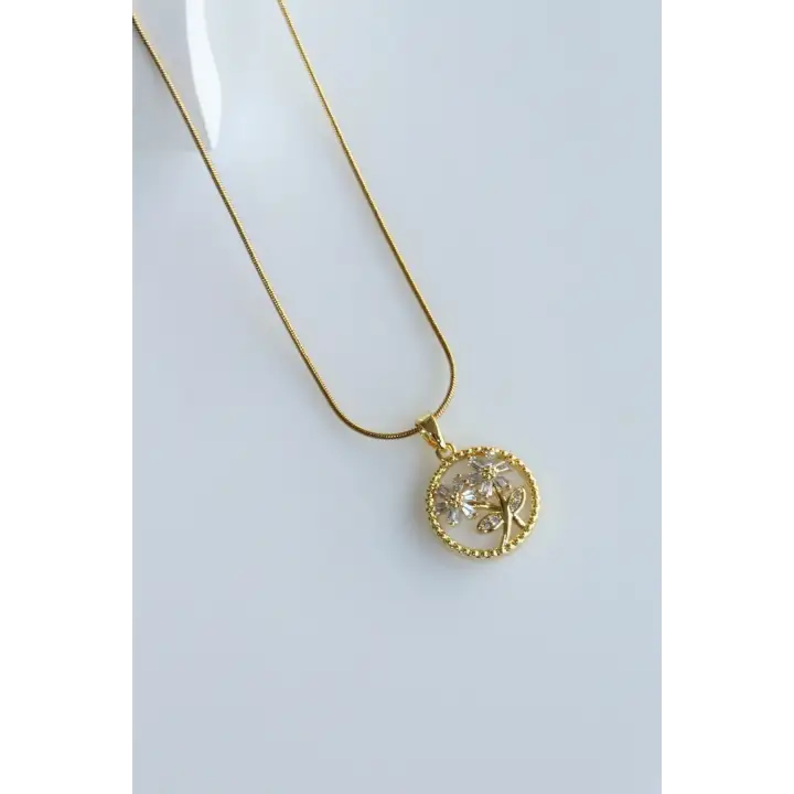Plaka Model Zirkon Taşlı İkili Papatya L Kadın Çelik Kolye Gold Kararmaz Renk Atmaz