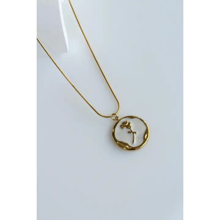 Plaka Sedefli Çiçek Gül Model L Kadın Çelik Kolye Gold Kararmaz Renk Atmaz