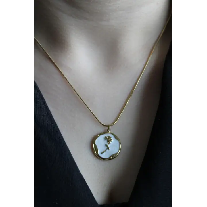 Plaka Sedefli Çiçek Gül Model L Kadın Çelik Kolye Gold Kararmaz Renk Atmaz