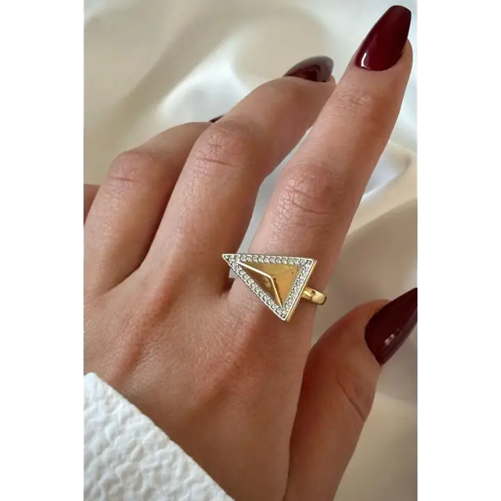 İthal Pyramid Tasarım Ayarlanabilir Garantili Kadın Çelik Yüzük Gold Kararmaz Renk Atmaz