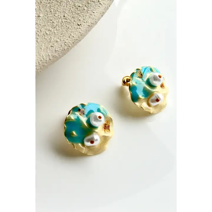 Vintage Incili Istiridye Motifli 3d Tablo Tasarım Kadın Çelik Küpe Gold Kararmaz Renk Atmaz