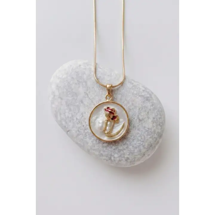 Vintage Kırmızı Gül Motifli 3d Tablo Tasarım Kadın Çelik Kolye Gold Kararmaz Renk Atmaz
