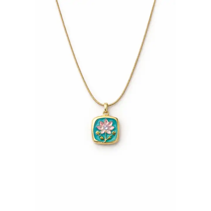 Vintage İncili Kare Pembe Lotus Çiçeği Motifli Kabartma Manzara Tasarım Kadın Çelik Kolye Kararmaz